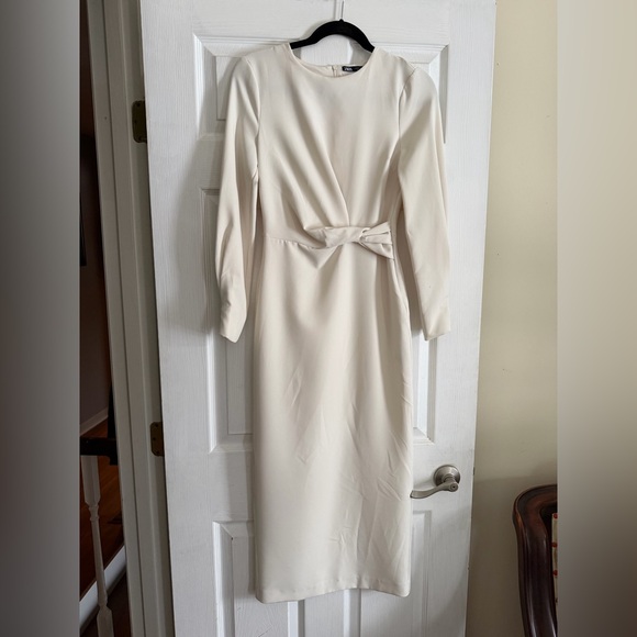 Zara Dress Cream Long Sleeve Satin Midi - Picture 2 of 6